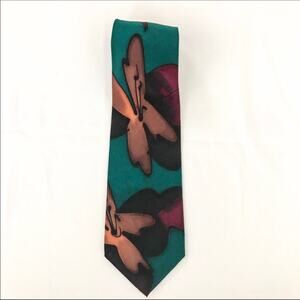 Robert Daskal Hand Painted Teal Green Red & Brown Silk Necktie